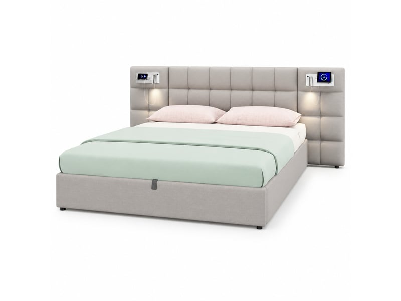 Lit coffre tcqpz 180 x 200 cm hydraulique usb recharge sans fil lampe intégrée lin gris - Conforama A