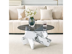 Table basse ronde table de salon en verre plateau en verre piètement designer stable aspect bois effet marbre style moderne