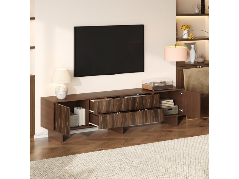 Meuble tv couleur noyer, meuble télévision jusqu'à 75 pouces, design ondulé et rangement fermé pour salon contemporain - Conforama D