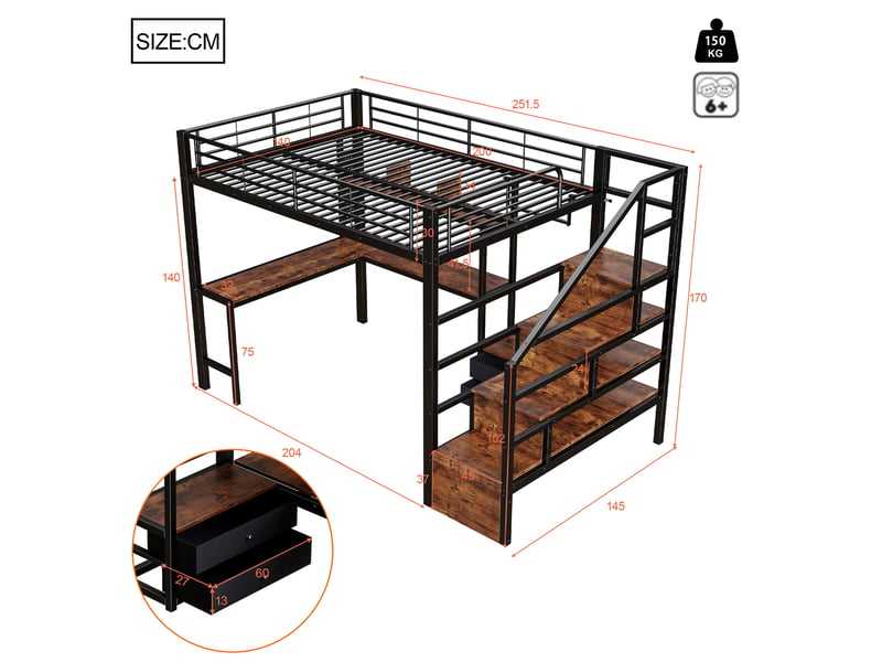 Lit mezzanine 140x200 cm métal noir avec led, bureau, tiroirs et rangements - Conforama C