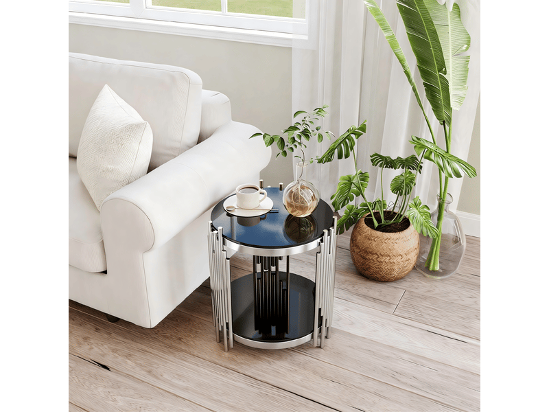  Table basse ronde avec 2 niveaux de rangement, structure en acier inoxydable, pour salon, 56,5 × 51 × 27 cm  - Conforama E