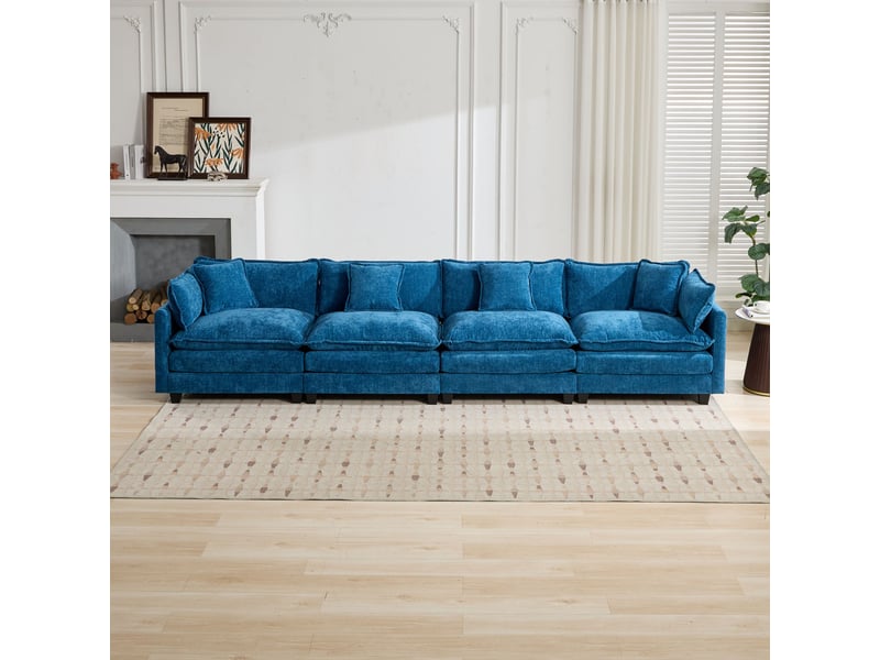  Canapé 4 places en chenille bleu, canapé modulable pour salon avec coussins d'assise rembourrés double couche ,pouf non inclus  - Conforama E