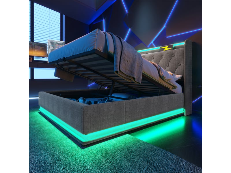  Lit coffre double rembourré 140 x 200 cm, led contrôlable par applicationtélécommande, rangement hydraulique, tête de lit avec usb-c, lin, gris Bliss Lite - Conforama E