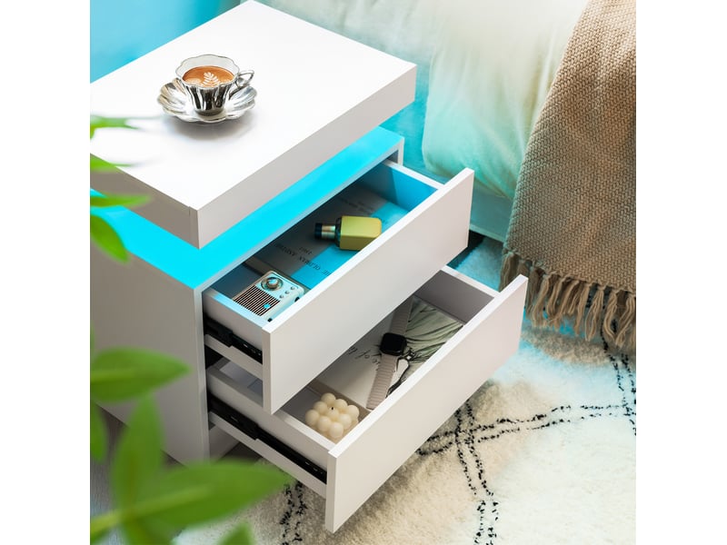  Tables de chevet ulevr avec led réglable, lot de 2, 50 x 36 x 53 cm, 2 tiroirs, panneau de particules, blanc  - Conforama D