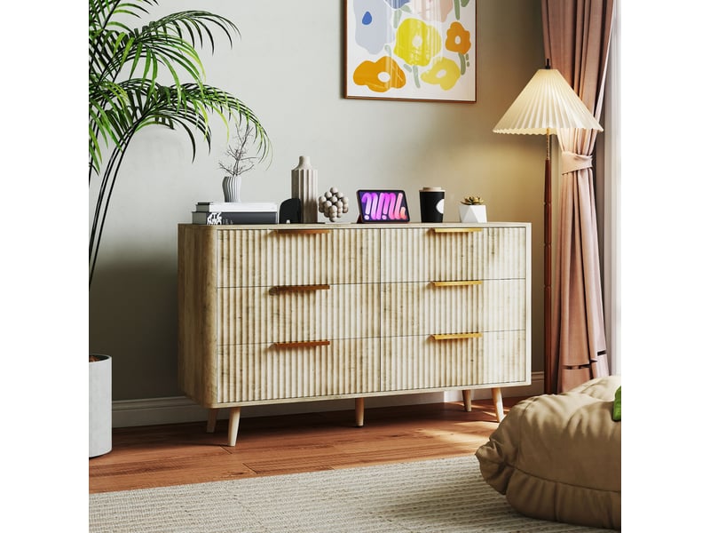  Commode 6 tiroirs scandinave avec poignées et pieds de pin, pour chambre à coucher, salon, couloir, chêne, 120x40x76cm  - Conforama D
