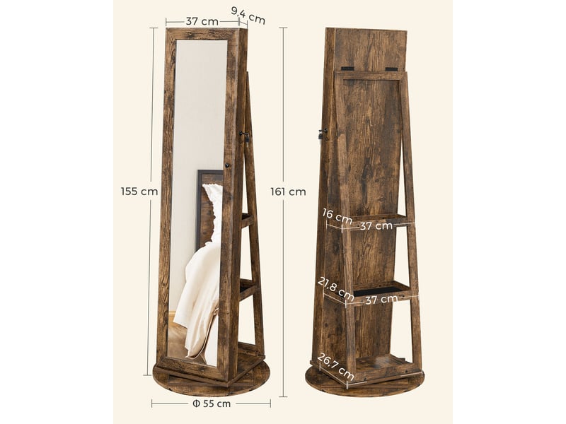 Armoire à bijoux pivotante à 360° avec grand miroir psyché 54 x 54 x 161 cm organisateur de bijoux verrouillable avec miroir intérieur étagères de rangement à l'arrière marron 12_0003942  - Conforama E