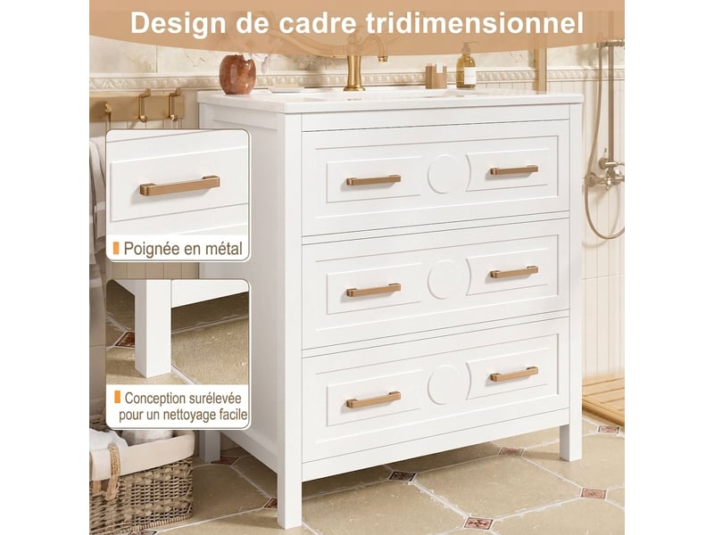 Meuble salle de bain sur pied blanc avec lavabo en céramique intégré 76,5x47x82 cm  - Conforama B