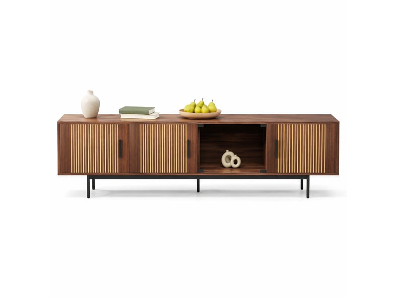  Meuble tv avec éclairage led et portes en verre pour salon 200×35×53 cm en panneaux de particules noir noyer  - Conforama A