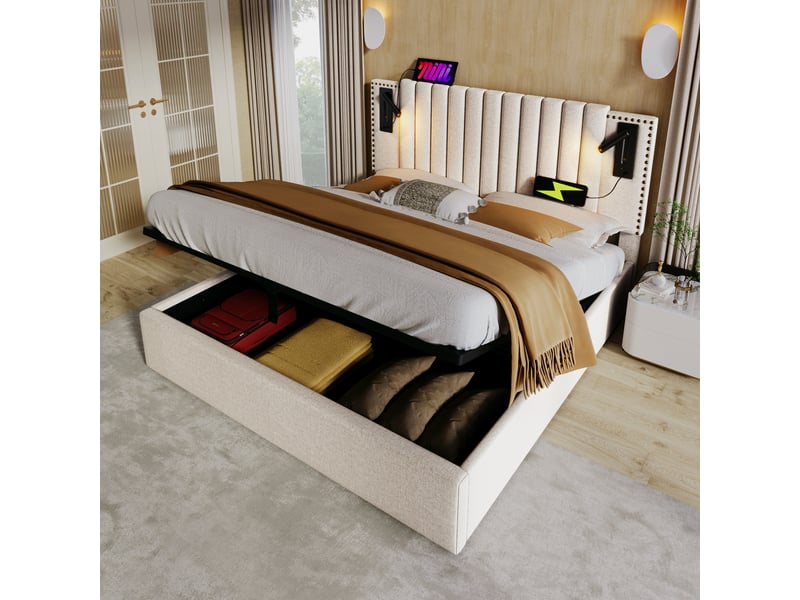  Lit coffre moderne 160x200cm, tête de lit réglable, rangement, lampe de lecture, port usb, coton beige, matelas inclus  - Conforama D
