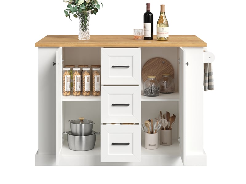  Îlot de cuisine mobile avec plateau rabattable et 2 portes 3 tiroirs 120x70x90 cm blanc  - Conforama D