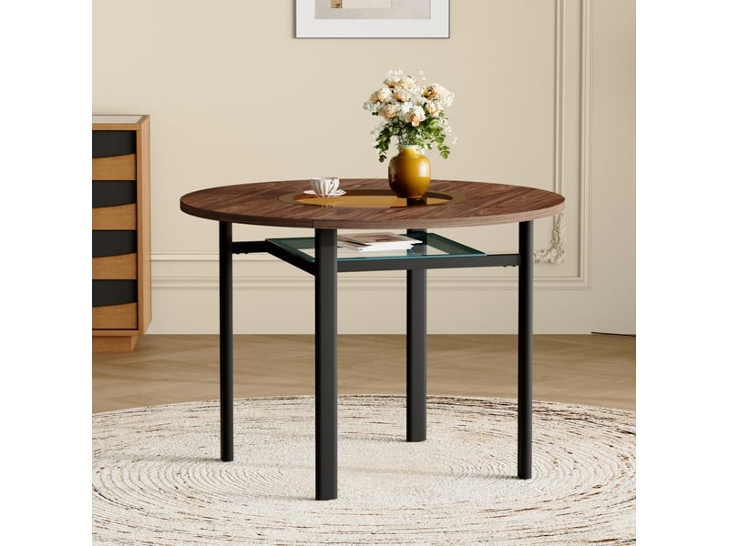  Table ronde, 100 cm, table repas table à manger, pratique, plateau mdf, verre et bois, piètement métal, coloris noir  - Conforama D