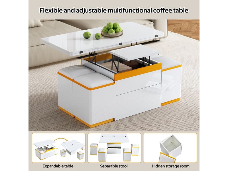  Table basse 100x50x40, plateau blanc haut brillant table basse salon, multifonctionnelle hauteur réglable, plateau relevable  - Conforama E