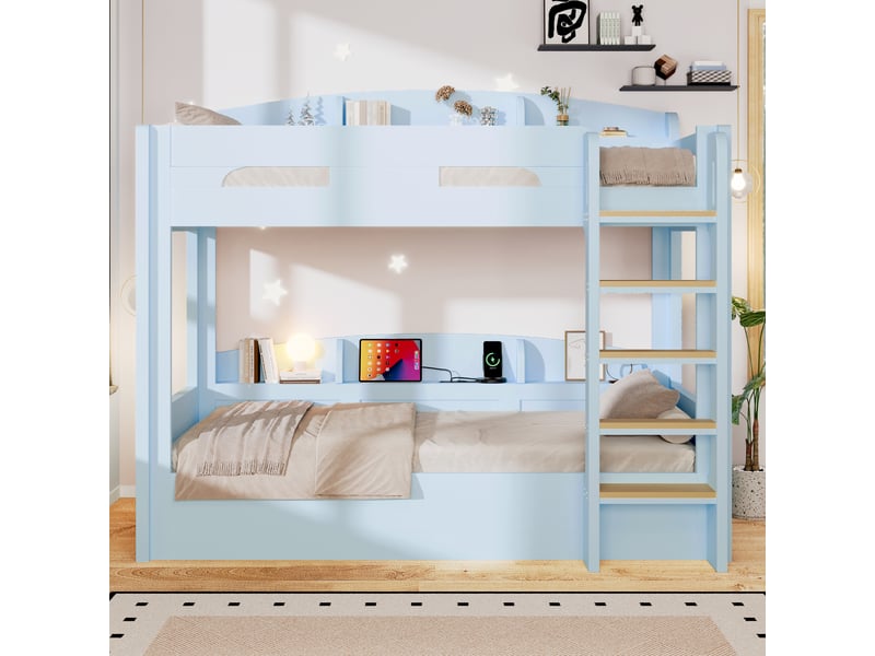 Lit superposé enfant 2 places 90×200 cm usb et étagères - okmyhome- bleu clair, sans matelas, bois et mdf  - Conforama C