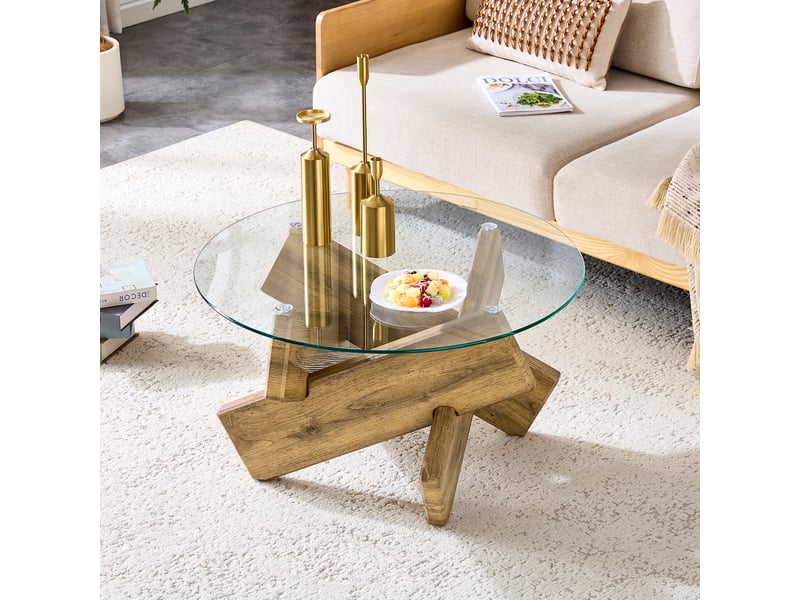  Table basse ronde ø79 cm en mdf et verre trempé 8 mm, piètement croisé design  - Conforama E