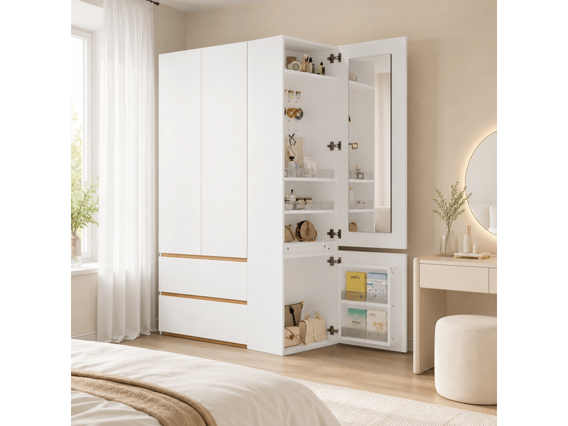  Armoire coiffeuse 120 x 50 x 200 cm avec miroir, penderie, 2 tiroirs et grand rangement combiné pour chambre et dressing, coloris blanc ABC - Conforama B