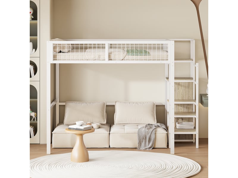  Lit mezzanine 2 places 140 x 200 cm avec échelle de rangement, armoire, étagère et garde-corps intégral, structure en métal blanc, gain de place  - Conforama D