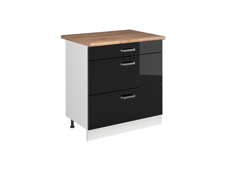  Vicco meuble cuisine, noir haute brillanceblanc, 80cm avec 3 tiroirs plan de travail chêne doré  - Conforama A