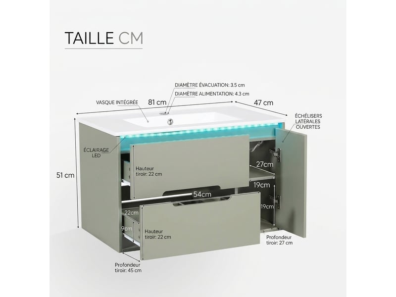 Meuble salle de bain suspendu vert 81 cm avec vasque en céramique, led et façade ondulée - Conforama C