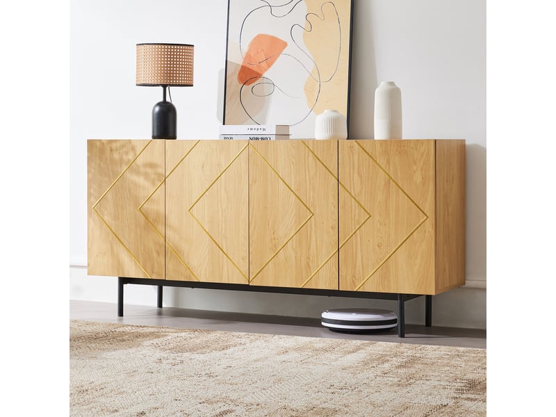 Buffet 4 portes bois naturel avec incrustations métal 160 cm - Conforama D