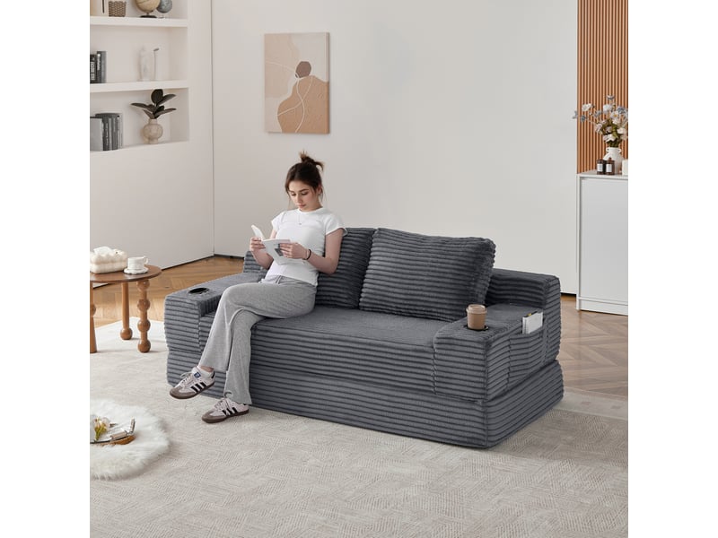 Canapé-lit convertible 2-en-1 en velours côtelé, avec 2 coussins, porte-gobelets intégrés et poches de rangement latérales - gris - Conforama E