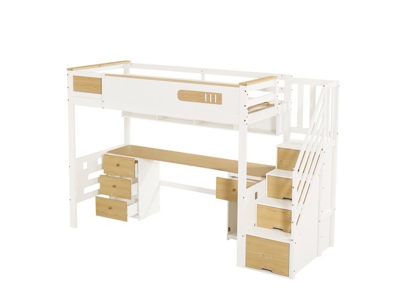  Lit mezzanine enfant 90 × 200 cm avec bureau, tiroirs et escalier rangement, blancnaturel IKSETERA TRADING LTD - Conforama W