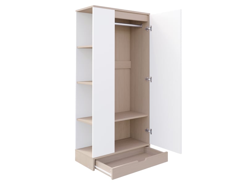  Armoire chambre 70x40x170 cm - 1 porte, étagères réglables, tiroirs, rangement vêtements, blanc et naturel  - Conforama R