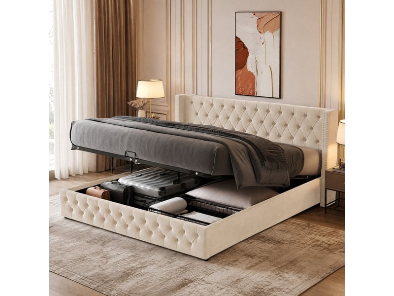 Lit double 140 x 190 cm avec coffre hydraulique en velours beige - Conforama B