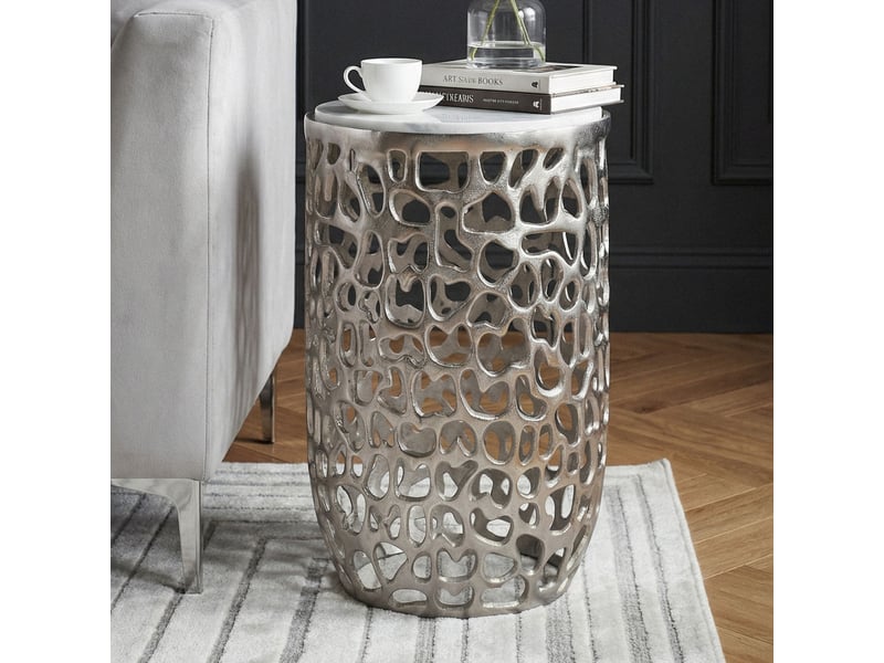 Finebuy table d'appoint ronde en aluminium 30cm argente – table d'appoint avec plateau en marbre – table basse design en métal pour salon – table de salon ronde moderne – table décorative faite à la main  - Conforama B
