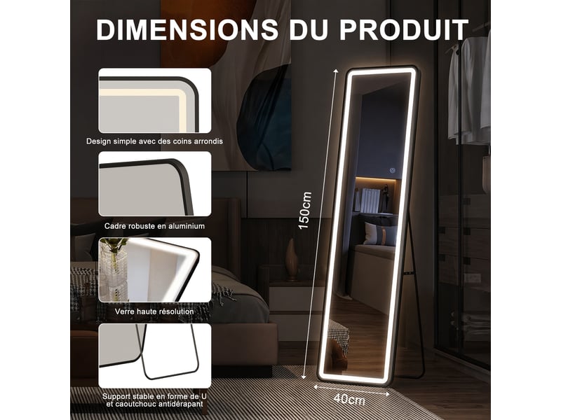  Miroir plein pied led - 150 x 40 cm - verre trempé coins arrondis tactile 3 couleurs - doré  - Conforama C