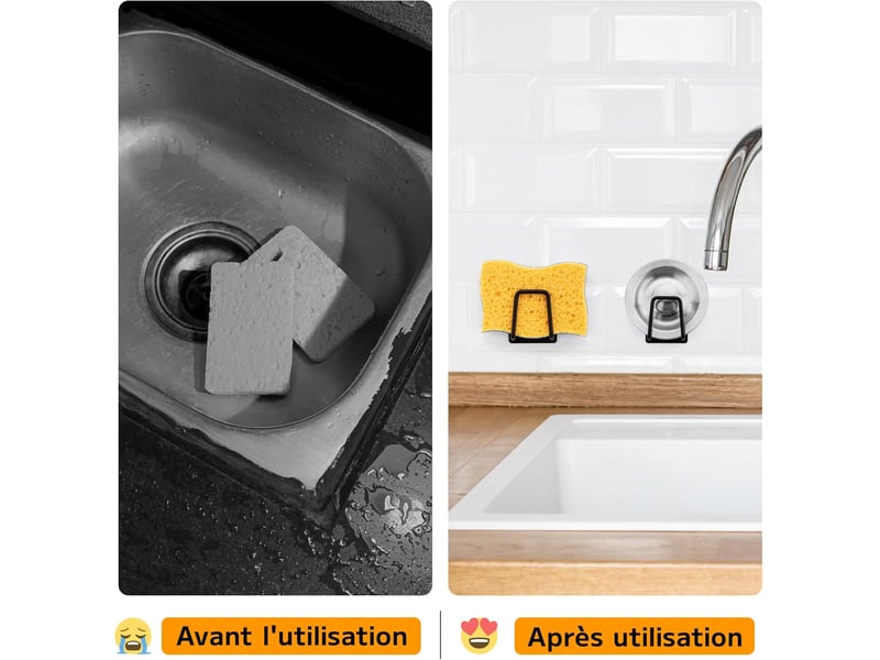  Lot de 2 supports éponge en inox 304 adhésifs, crochet d'évier de cuisine sans perçage, rangement pour éponge et torchon, fixation forte et durable, noir  - Conforama D