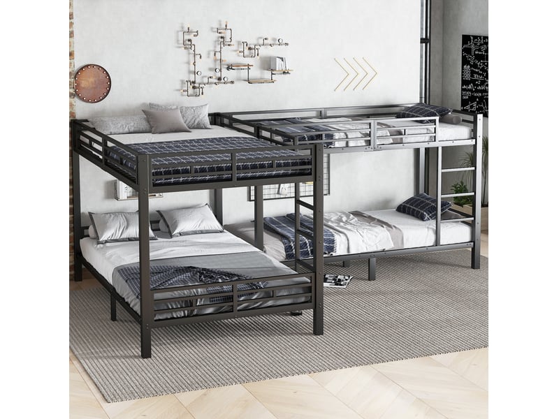  Lit superposé 140x200+90x200, multi-lits, sommier à lattes robuste, échelle 3 marches, métal, noir, sans matelas  - Conforama W