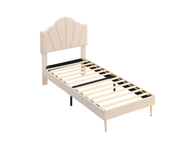  Lit capitonné en velours, 90 x 200 cm, lit en forme de coquillage avec pieds en fer doré, tête de lit réglable en hauteur, sommier à lattes en bois, avec banquette capitonnée et espace de rangement, beige  - Conforama E