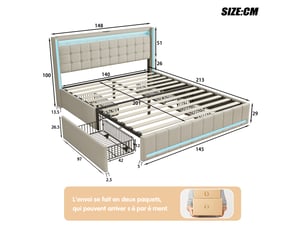 Lit avec rangement 140x200 cm <strong></strong> <strong></strong> coloris beige