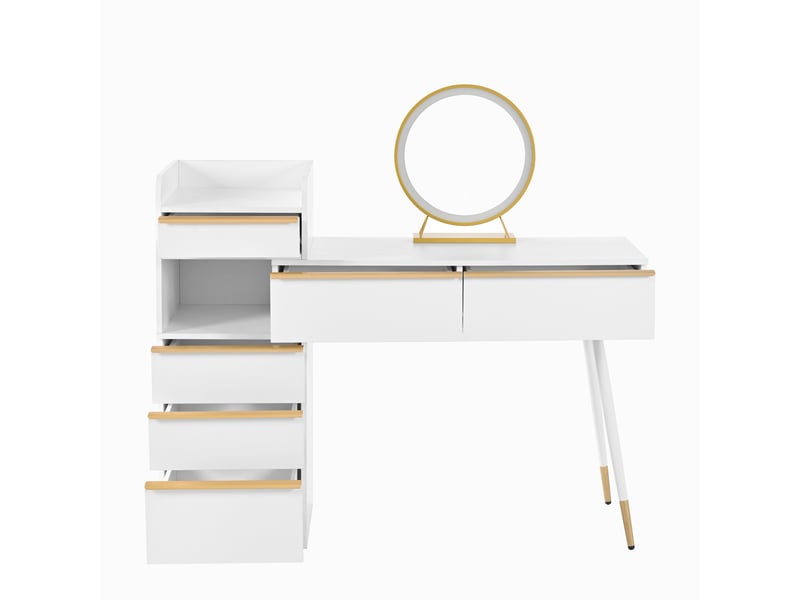  Coiffeuse moderne 102x99x41,5 cm avec miroir led dimmable, 6 tiroirs et poignées dorées, panneau de particules, blanc  - Conforama E