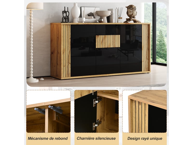  Buffet bas 140x35x71cm, 3 portes, façades ondulées brillantes et rangements fermés, noir et naturel ABC - Conforama D