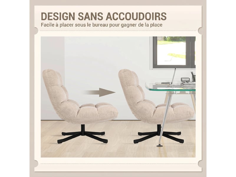  Fauteuil salon sans accoudoirs, chaise pivotante en tissu chenille, 75 x 95 x 90 cm, assise large, crème  - Conforama R