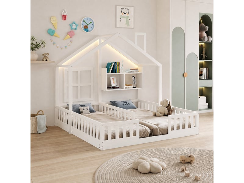  Lit enfant double maison 90x200 cm, rangement, barrières de sécurité, bois, coloris blanc, éclairage led, design moderne, sans matelas  - Conforama B