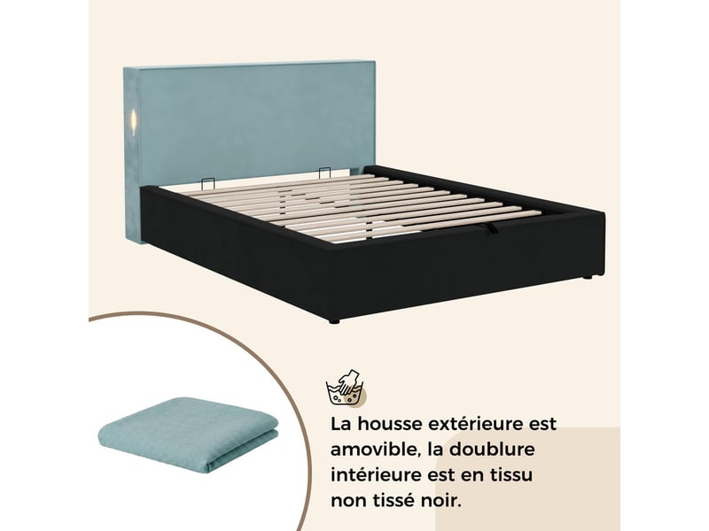 Lit rembourré 140 x 200 cm, avec coffre hydraulique, sommier lattes, tête de lit rembourrée, grand espace de rangement, velours bleu - Conforama E