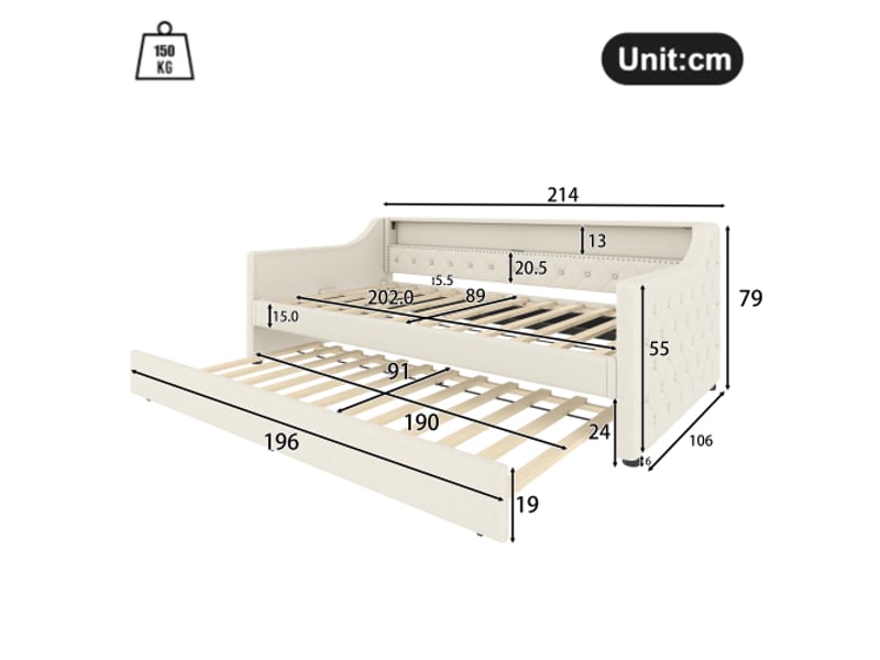  Lit enfant 90x200 cm avec lit gigogne 90x190 cm, sommier à lattes, éclairage led, port usb, sans matelas, beige  - Conforama C