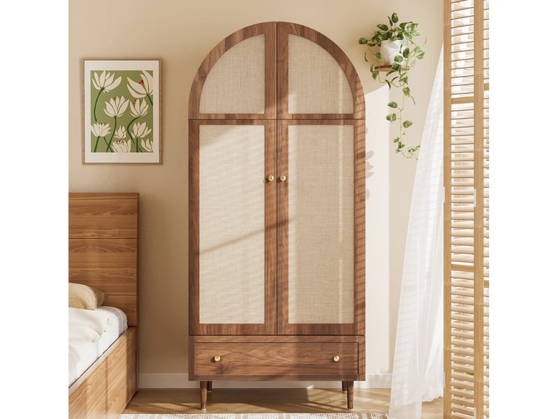  Armoire avec portes revêtues de tissu, tringle, étagères et tiroir pour chambre, en mdf aspect noyer, 79 × 50 × 175 cm  - Conforama C