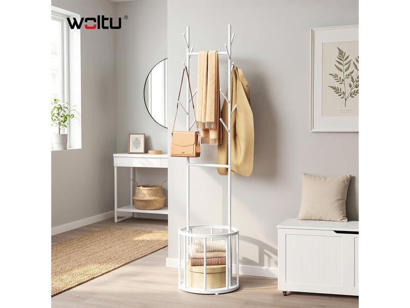 Portemanteau métallique avec panier de rangement rond, vestiair, 41x41x175cm, blanc  - Conforama B