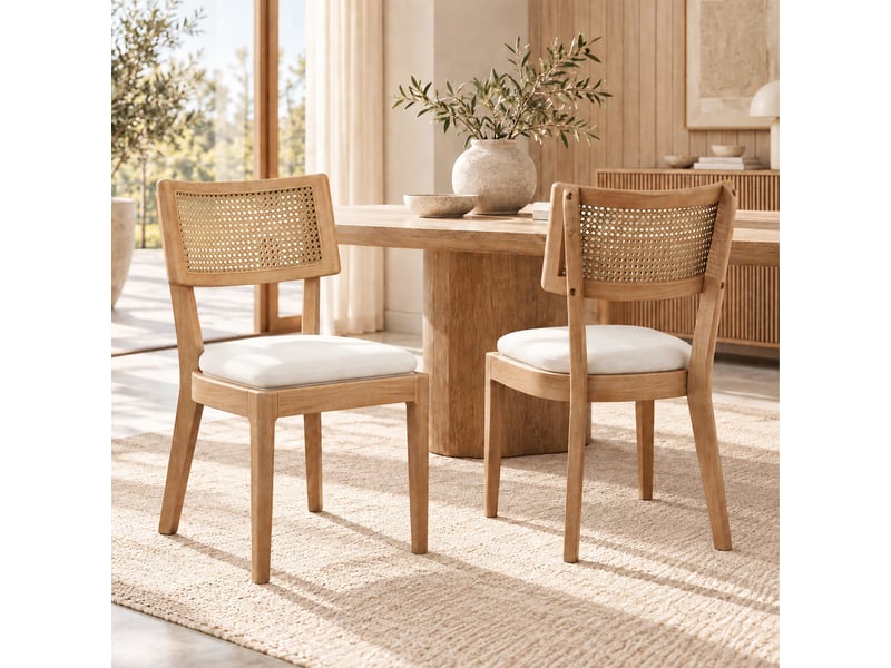 Lot de 6 chaises de salle à manger en bois massif, dossier en rotin et assise en lin, style naturel, 50x58x88 cm - Conforama B