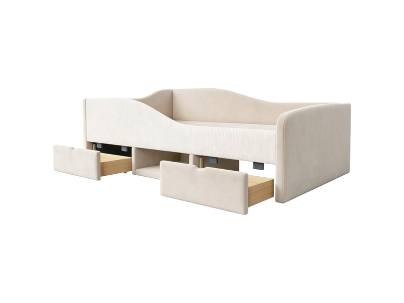 Lit enfant rembourré 90x190 cm, 2 tiroirs, barrières de sécurité, rangement ouvert et range-chaussures, velours, beige OMNIGLINT TRADING LTD - Conforama A