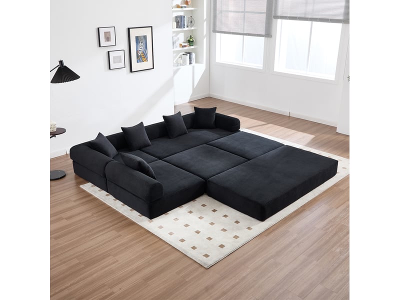  Canapé d'angle modenvie modulable 4 places en velours côtelé noir 270 x 180 cm  - Conforama E