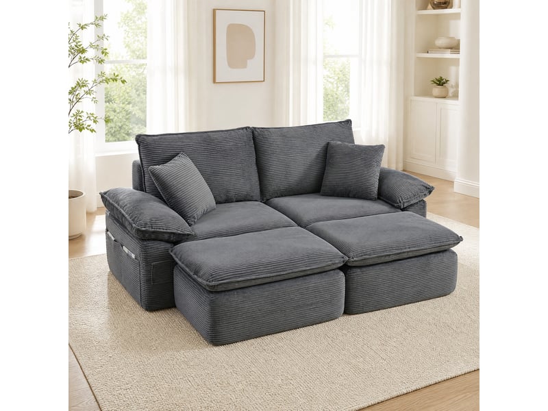  Canapé de sol 2 places modulable gris clair avec repose-pieds et poches de rangement, sans montage  - Conforama C