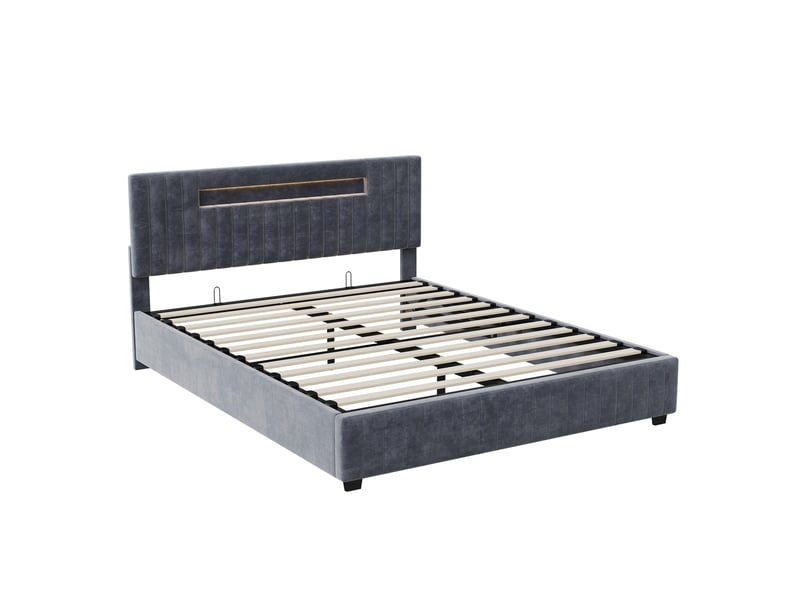 Lit coffre 2 places 160x200 cm, lit adulte avec rangement, tête de lit avec led, design simple, velours gris - Conforama A