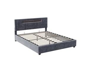 Lit coffre 2 places 160x200 cm, lit adulte avec rangement, tête de lit avec led, design simple, velours gris