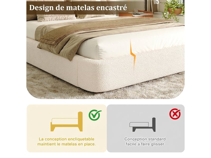  Lit double coffre 180x200 tissu bouclette beige - sommier inclus tête de lit déhoussable  - Conforama B