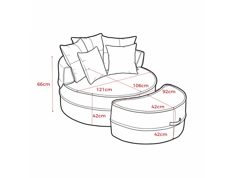 Fauteuil lounge rond 1 place gris en tissu avec ottomane et 5 coussins, confort moelleux pour se détendre - Conforama C