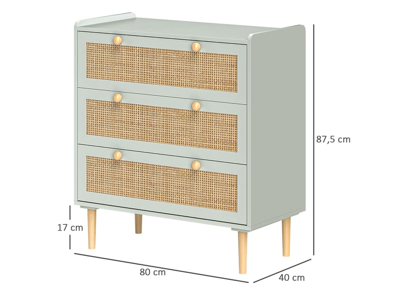  Commode design bohème en rotin avec 3 tiroirs, meuble de rangement pour le salon, le couloir, vert olive, l'entrée  - Conforama C